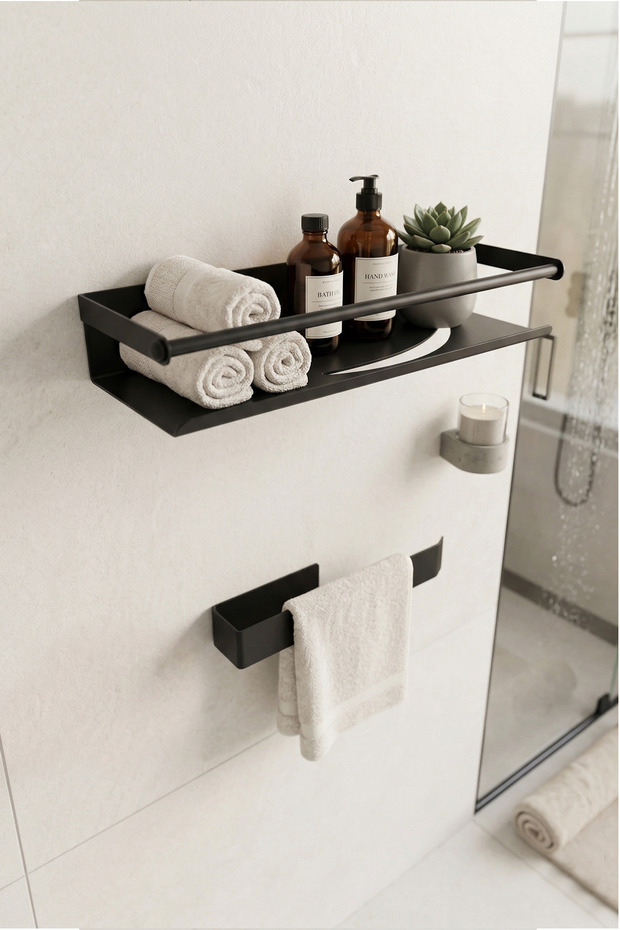 Stainless Steel Adhesive Shower Caddy and Towel Holder Set, Towel Hanger and Bathroom Shelf