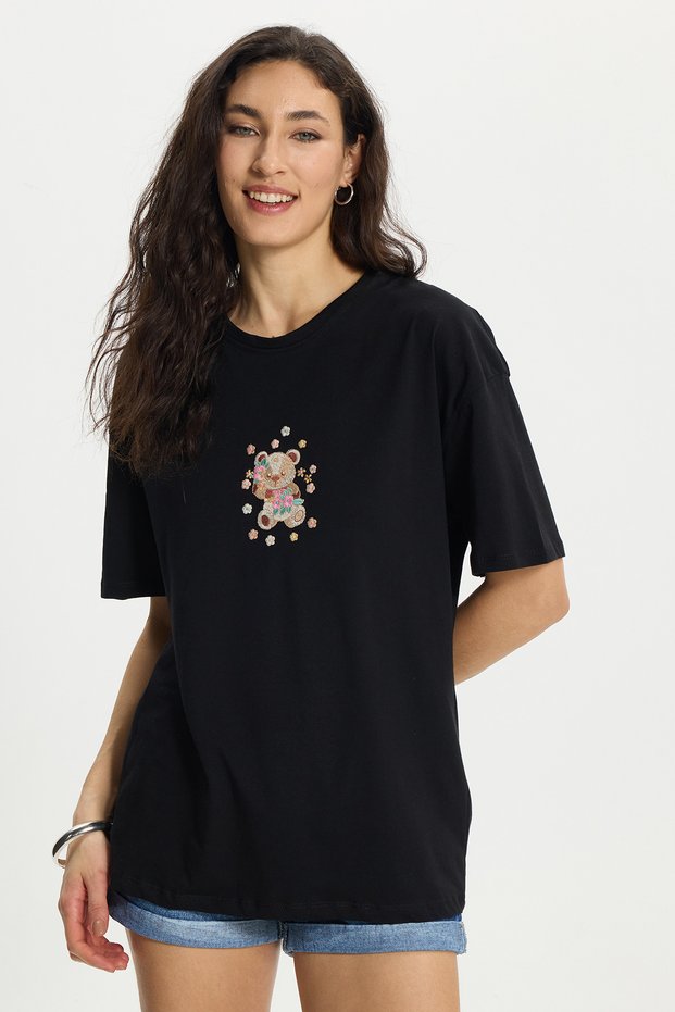 Women's Oversize Wide Cut 100% Cotton Crew Neck Printed Black T-Shirt Blouse