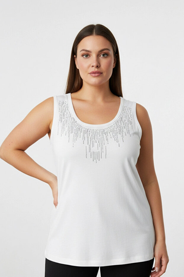 Women's White U-Neck Large Size Collar with Stone Embroidery Lycra Buluz