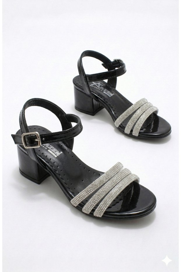 Girls' Heeled Shoes with Stones, Shiny Patent Leather Sandals, Ankle Strap, Stylish, Comfortable, Orthopedic