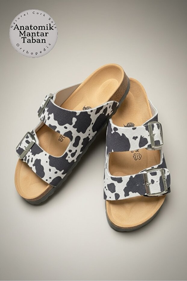 Natural Cork Sole Suede Leather Cow Patterned Arch Supported Comfortable Daily Women's Slippers