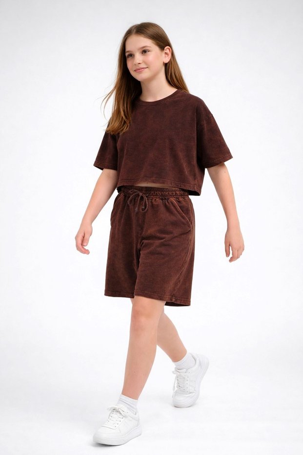 My Little Girl's Plain Girls' Set with Compact Washable Shorts for Ages 6-16 - Brown