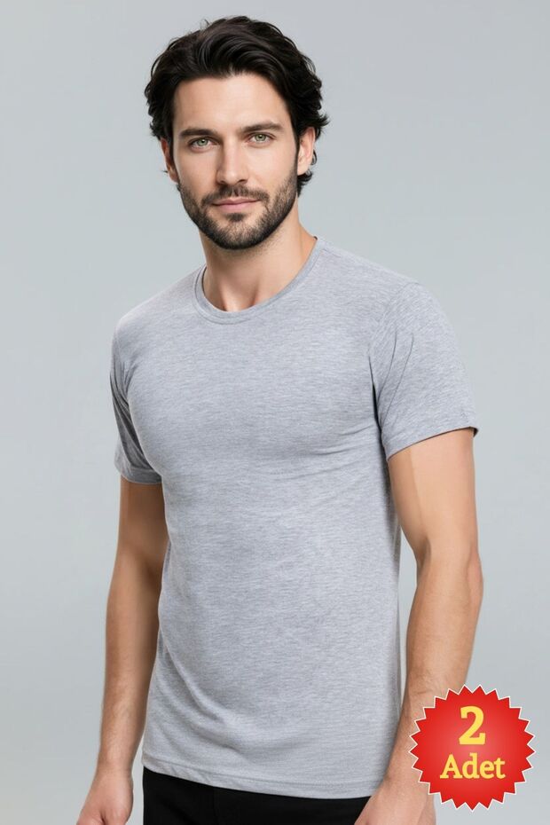 Men's Gray Melange 100% Cotton Single Jersey 2-Piece Crew Neck Basic T-Shirt Set