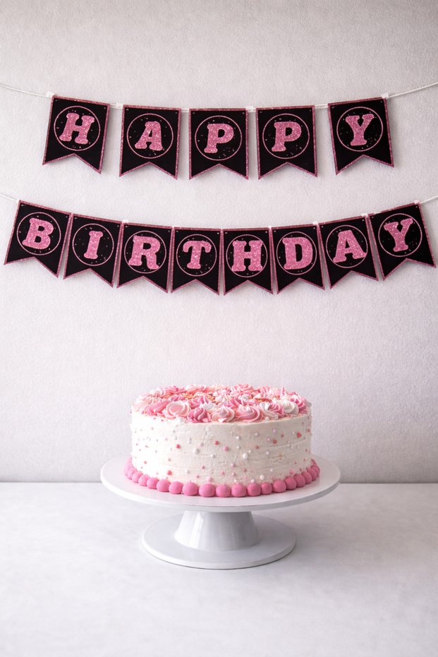 Happy Birthday Black Pink Birthday Banner Pennant Ornament Letter 13.5 cm Height 17 cm