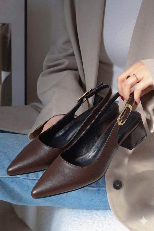 Period Gold Metal Buckle Matte Pointed Toe Short Block Heeled Women's Shoes