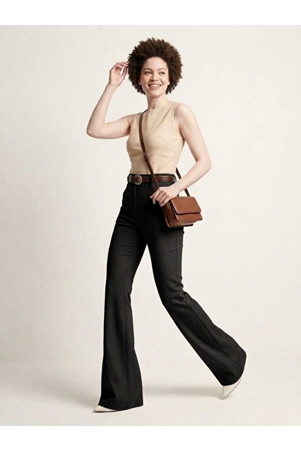 High Waist Diagonal Stretch Woven Spanish Flare Women's Trousers