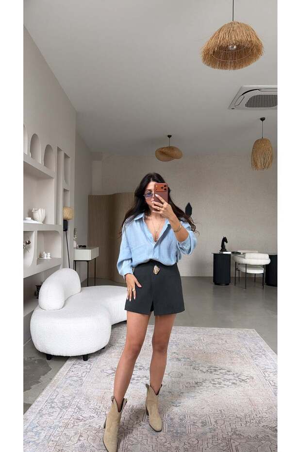 Anthracite Gold Accessory Detailed Tok Fabric Short Skirt