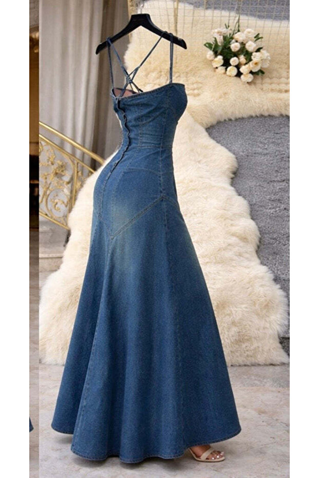 Denim Dress for Women Sleeveless Button Down Slim Fit Midi Jean Dresses