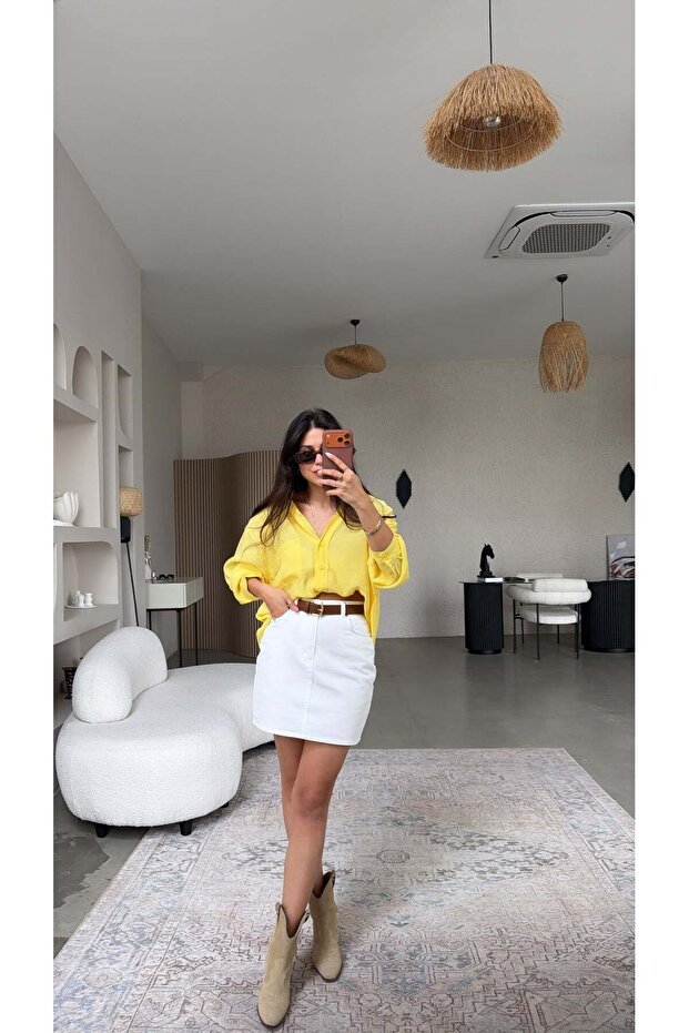 White Belted Jean Skirt