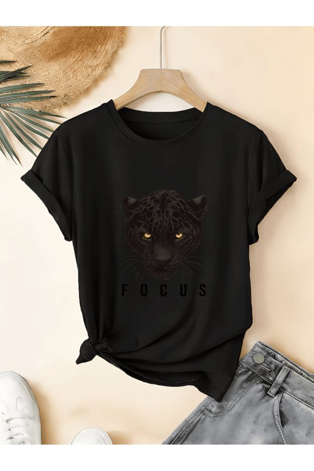 Black tiger print focus text premium oversized t-shirt