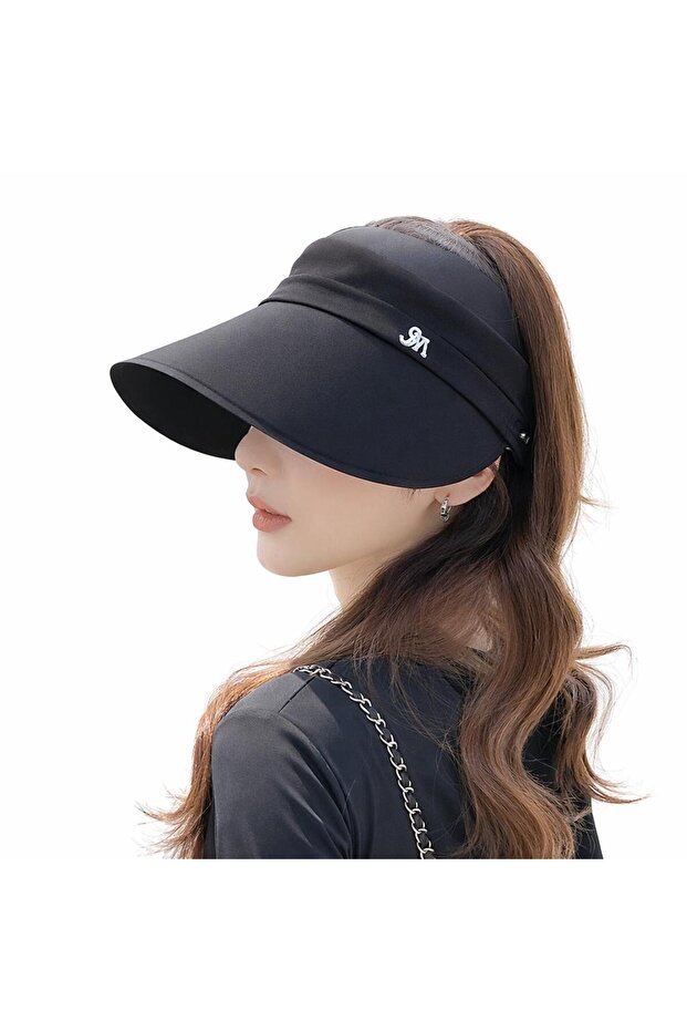 Women's Black Wide Brim Visor Hat, Ponytail Compatible Summer Sun Protection Hat