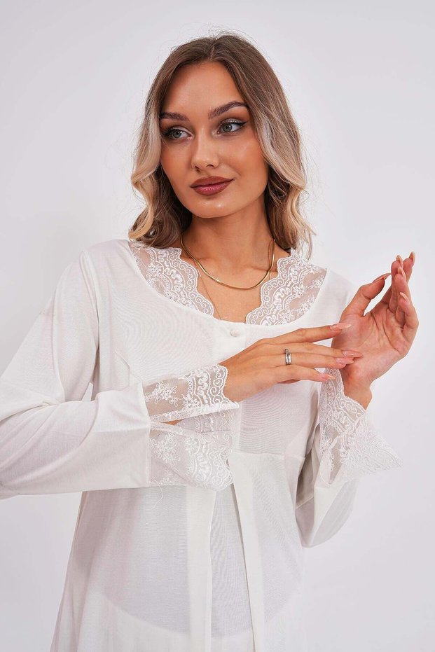 Women's Ecru Maternity Long Sleeve Elegant Lace Detailed Buttoned Special Design Pajama Set