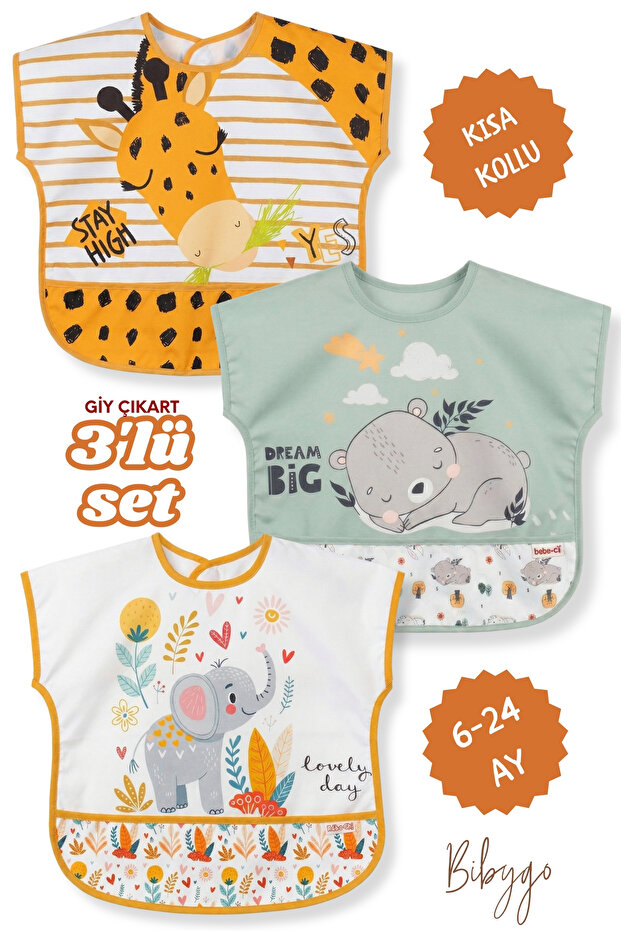 Bibygo 3'Lü Set Zürafa-Koala-Fil Kısa Kollu Bağlamalı Ayarlanabilir Sıvı Geçirmez Aktivite ve Mama Önlüğü