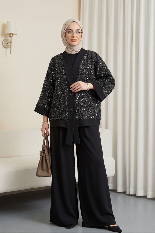 Sequin file cardigan 3-piece sendy set - black
