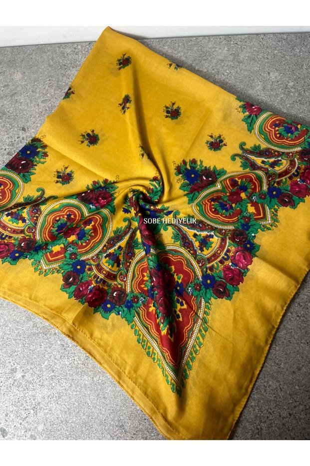 Mardin Yazması Mustard Yellow Floral Patterned Headscarf – Dowry and Daily Use