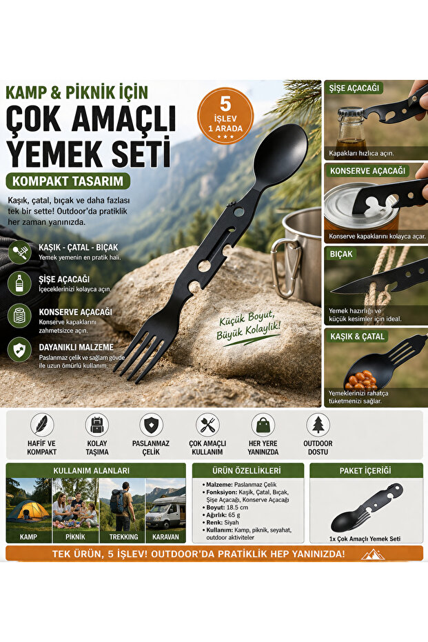 MAKAMP Çok Amaçlı Outdoor Tek Parça Kaşık Çatal Piknik İçin Çok Amaçlı Yemek Seti – Kompakt Tasarım