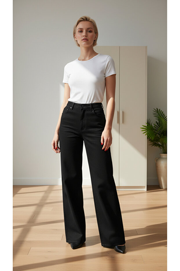 Harry 90's Black Lycra Super Extra High Waist Palazzo Loose Jean Trousers