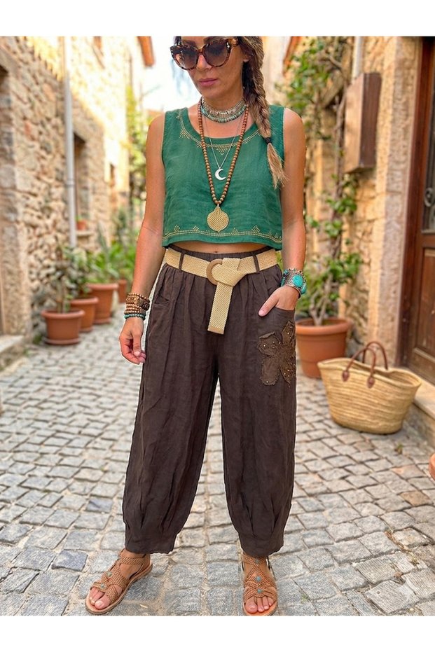Women's Italian Capucino 100% Linen Trousers with Elastic Waist, Belt Pocket, Floral Appliqué and Pencil-Cut Cuffs