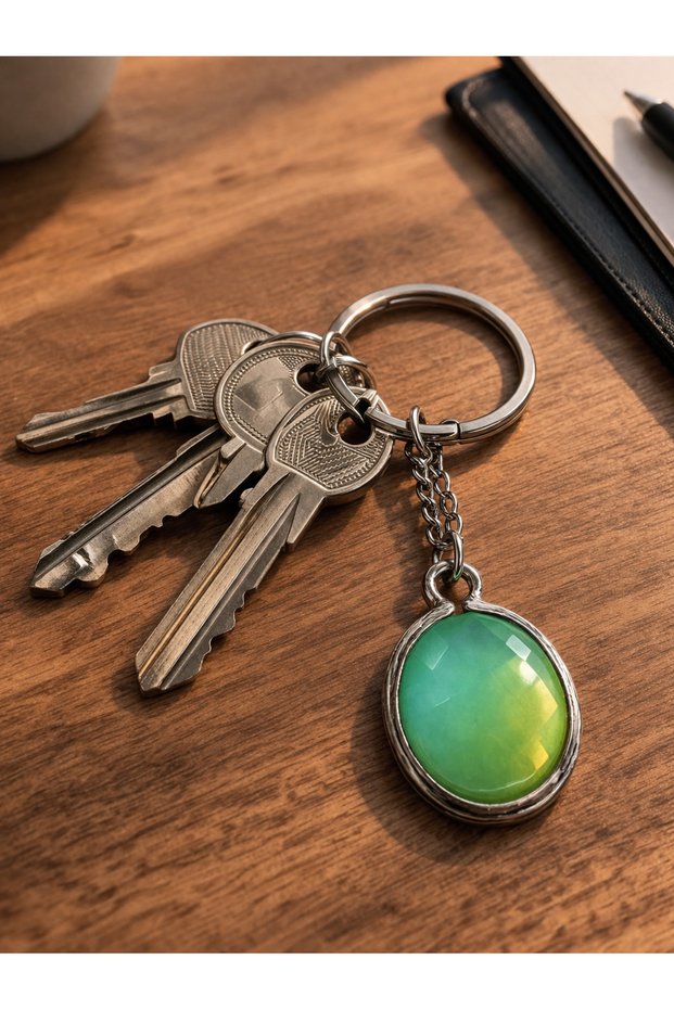 Unisex Mood Keychain with Oval Stone, Green Color Metal Accessory
