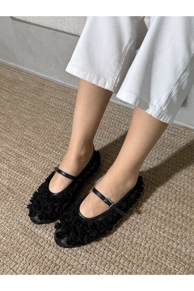 Women's Black Floral Detailed Tulle Ballerina Shoes Women's Mary Jane Transparent Design Ranova