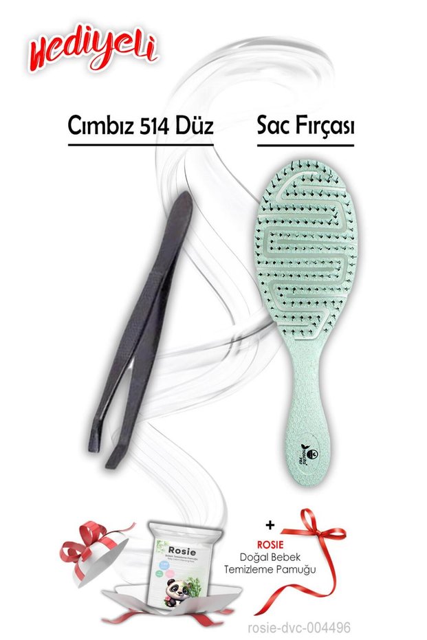 5846 Vegan Mint Green Hair Brush and Straight Tweezers with 514 Rosie Gift