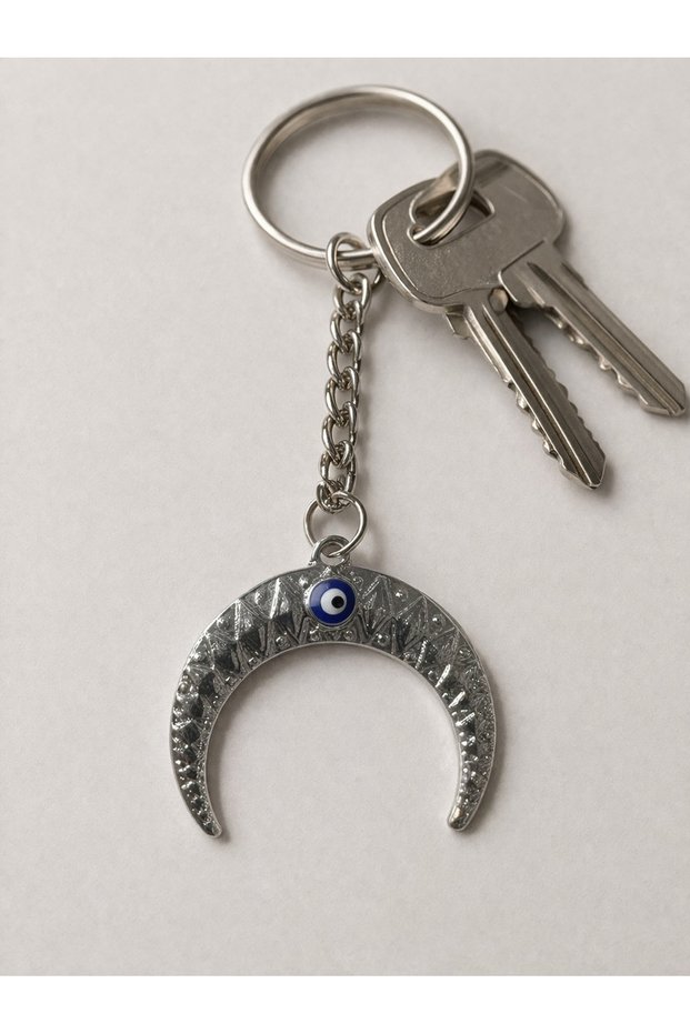 Silver Color Evil Eye Bead Metal Keychain with Moon Figure Unisex
