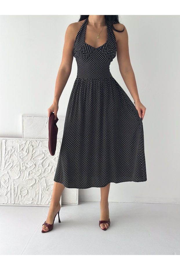 Women's Black Color Viscose Fabric Halter Neck Dress with Gipeli on the Back, Length 120 cm