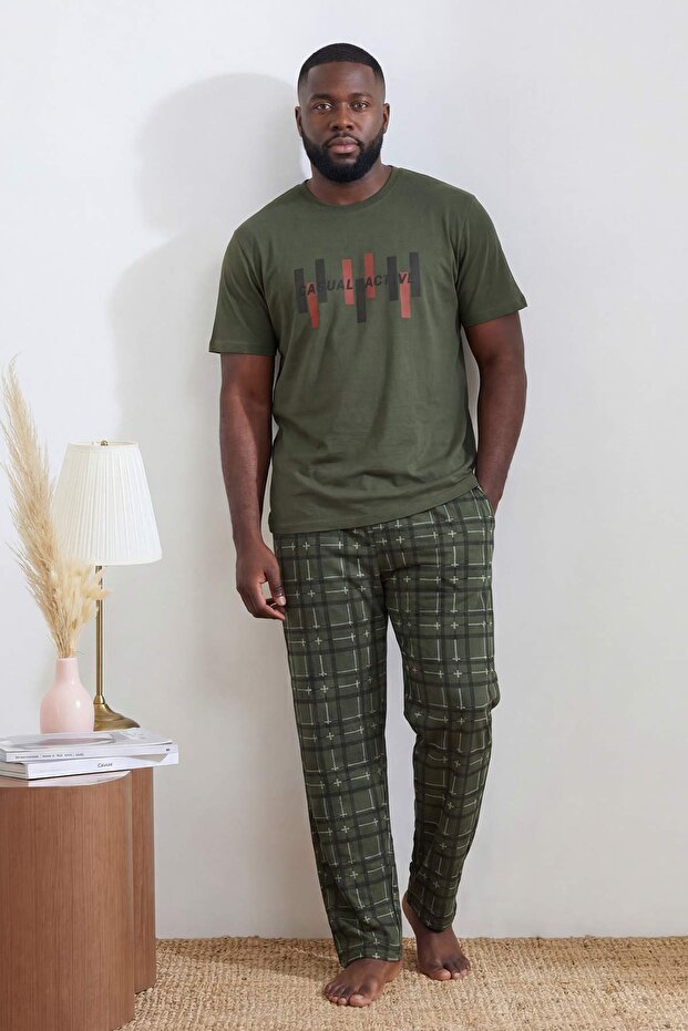 Yeşil Büyük Beden Regular/Normal Kesim Baskılı Alt Ekose Desen Pijama Takımı TMNSS26AI00011 - 2