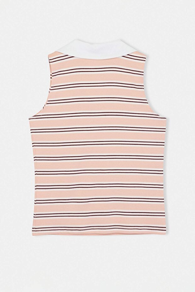 Pembe Polo Yaka Çizgili Kolsuz Örme Büyük Beden Bluz TBBSS26AF00122 - 6