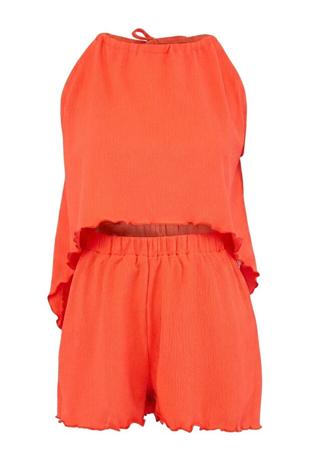 Nar Çiçeği Örme Mini Halter Yaka Plaj Bluz Şort Takım TBESS26AU00030 - 4