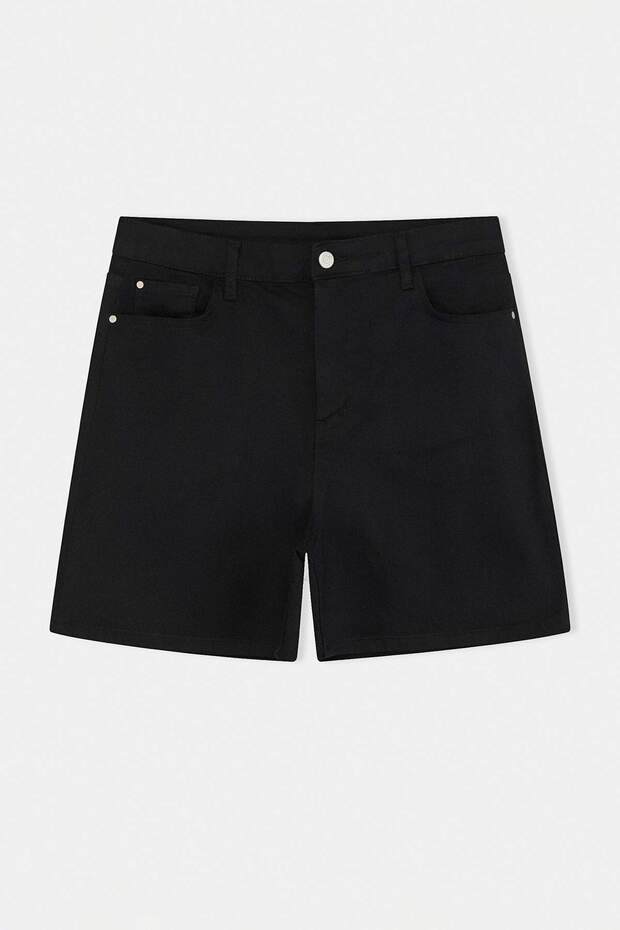 Solmayan Siyah Yüksek Bel Esnek Kumaş Wideleg Fit Büyük Beden Denim Şort TBBSS26AP00039 - 7