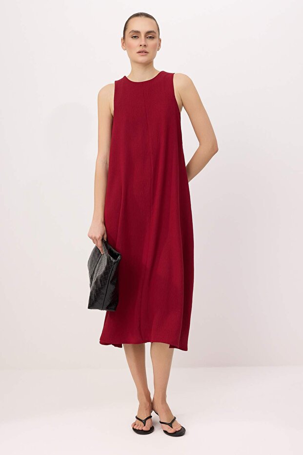 Bordo Kolsuz Rahat Kesim Midi Dokuma Elbise TWOSS26EL00529