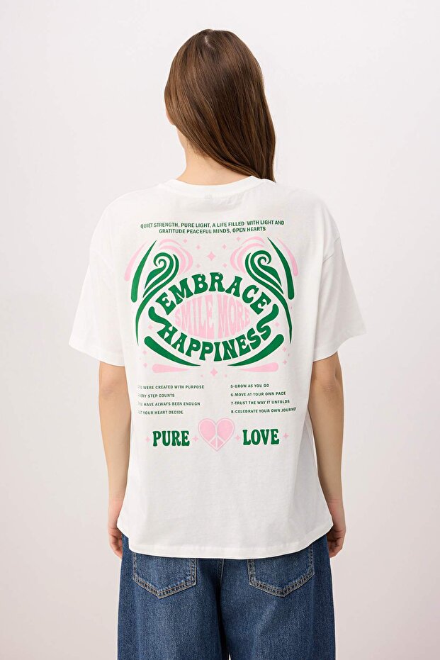 Ekru Baskılı Oversize Bisiklet Yaka Kısa Sırt Baskılı %100 Pamuk Örme T-Shirt TWOSS26TS00215 - 4