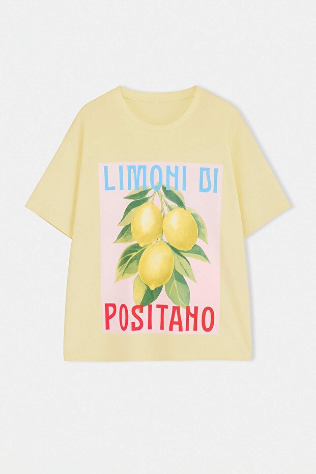 Yellow 100% Single Jersey Printed Oversize/Relaxed Fit Knitted Plus Size T-Shirt Tbbss25Bf00082