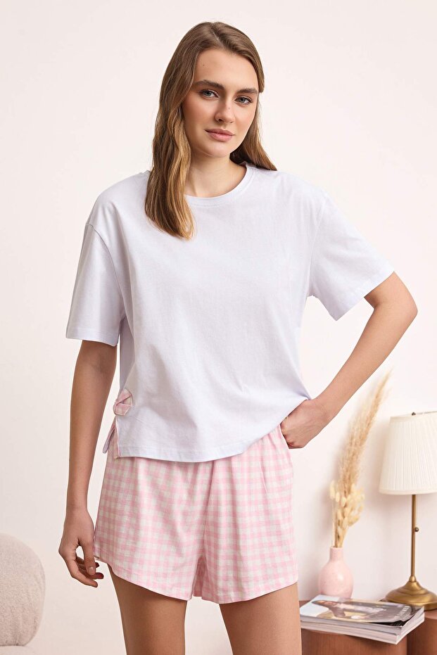 Beyaz-Pembe %100 Pamuklu Ekose Desenli Kurdele Detaylı Örme Pijama Takımı THMSS26PT00099 - 2
