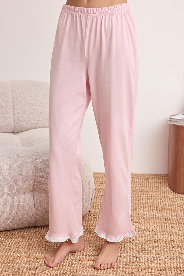 Ekru-Pembe %100 Pamuklu Fırfır Detaylı Örme Pijama Takımı THMSS24PT00223 - 3