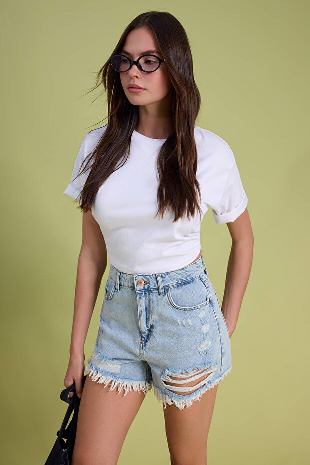 Mavi Yırtıklı Yüksek Bel Mini Denim Şort TWOSS22SR00030 - 2