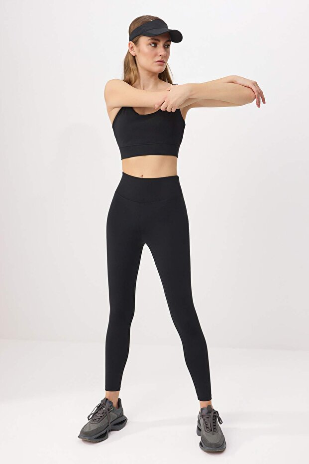 Siyah Premium Poliamid Kumaş Örme Tam Boy Spor Tayt THMSS26TY00018 - 3