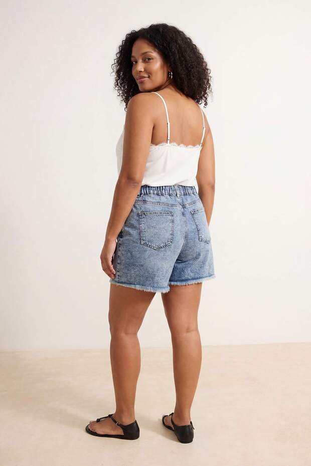 Mavi Yırtıklı Lastikli Yüksek Bel Mini %100 Pamuk Non-Stretch Büyük Beden Denim Şort TBBSS26AP00024 - 3