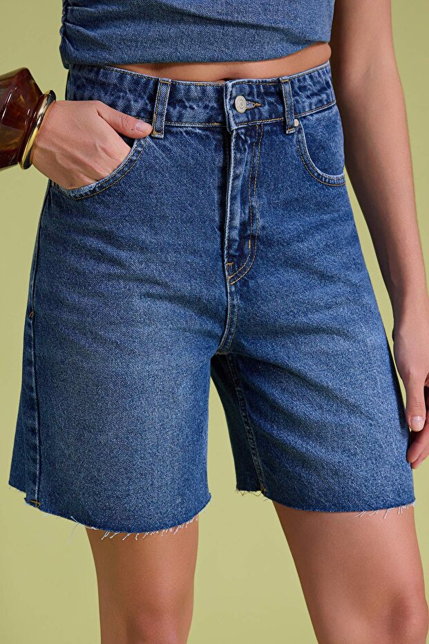 Koyu Mavi Yüksek Bel City Boy Denim Şort TWOSS26SR00107 - 3