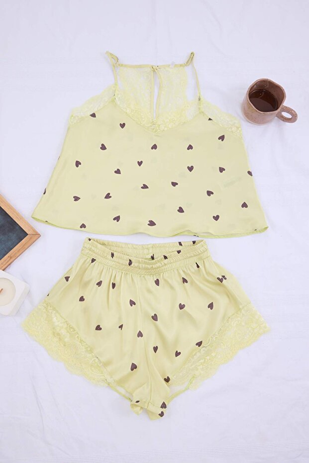 Sarı Kalp Saten Dokuma Pijama Takımı THMSS24PT00117 - 4