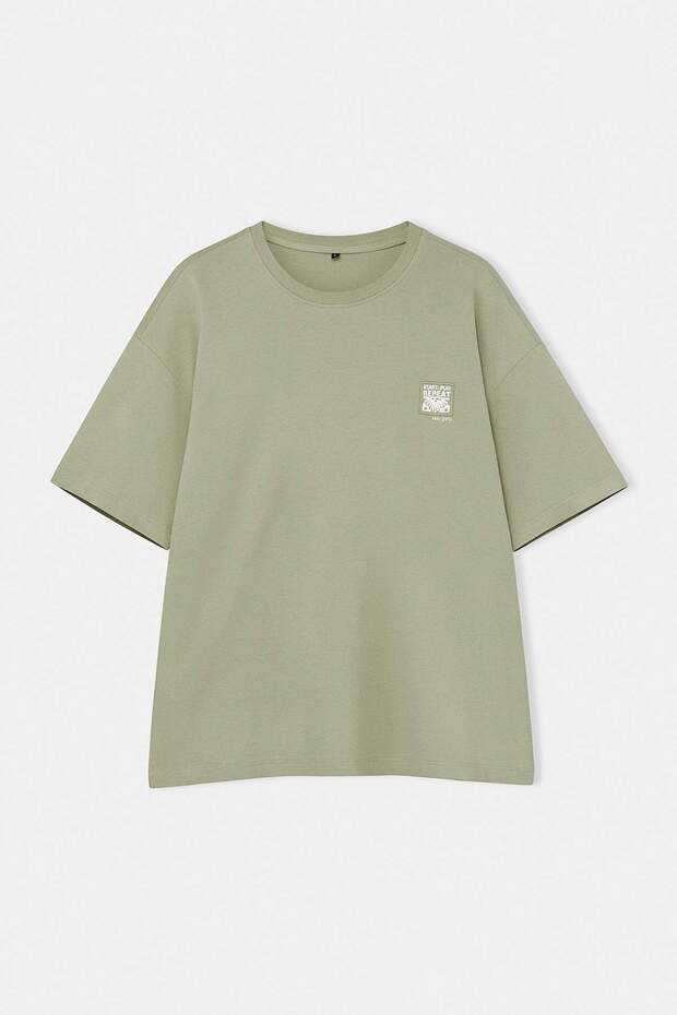 Açık Haki Oversize/Geniş Kesim Nakışlı %100 Pamuk T-shirt TMNSS26TS00024 - 4