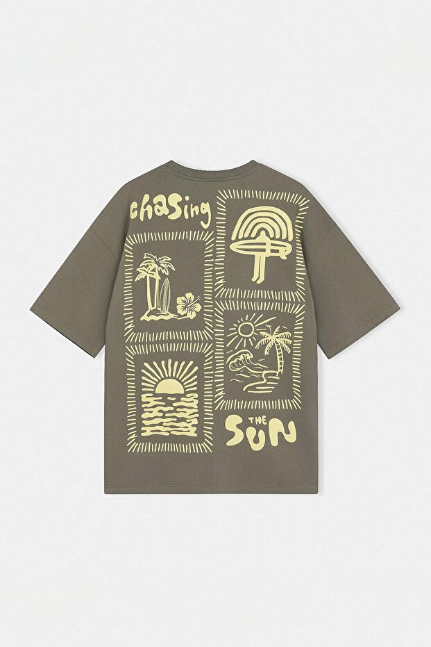 Haki Unisex Oversize/Geniş Kesim Baskılı %100 Pamuk T-Shirt TMNSS25TS00031 - 1