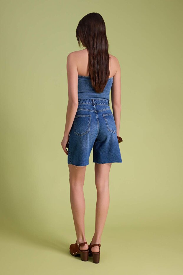Koyu Mavi Yüksek Bel City Boy Denim Şort TWOSS26SR00107 - 4