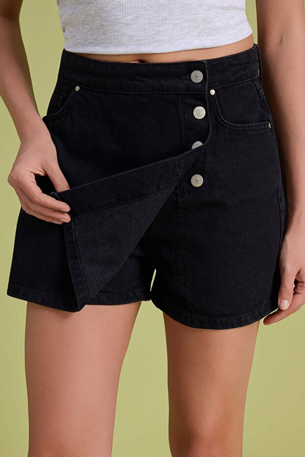 Siyah Düğme Detaylı Kruvaze Yüksek Bel Denim Şort Etek TWOSS22SR0448 - 3