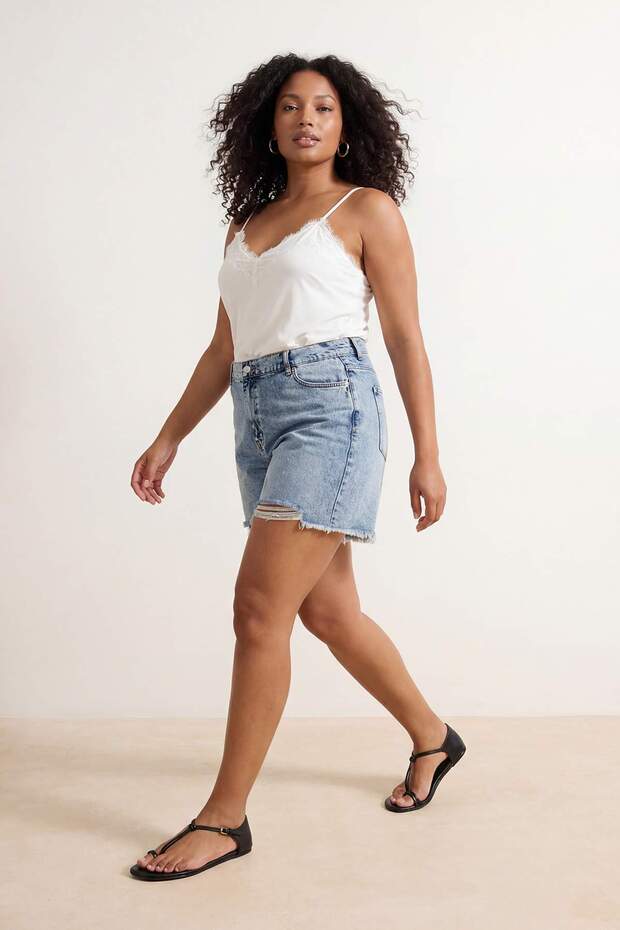 Mavi Yırtıklı Lastikli Yüksek Bel Mini %100 Pamuk Non-Stretch Büyük Beden Denim Şort TBBSS26AP00024 - 2