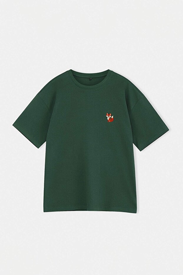 Unisex Haki Oversize/Geniş Kesim Tilki Nakışlı %100 Pamuk T-Shirt TMNSS26TS00047 - 6