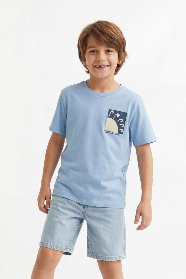 Ekru-Mavi Erkek Çocuk Baskılı Örme T-Shirt TKDSS26TS00033 - 5