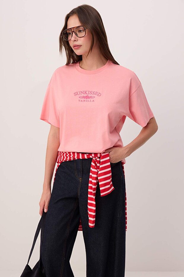 Pink Slogan Oversize Crew Neck Low Sleeve Short Long 100% Cotton Knitted T-Shirt Twoss26Ts00201