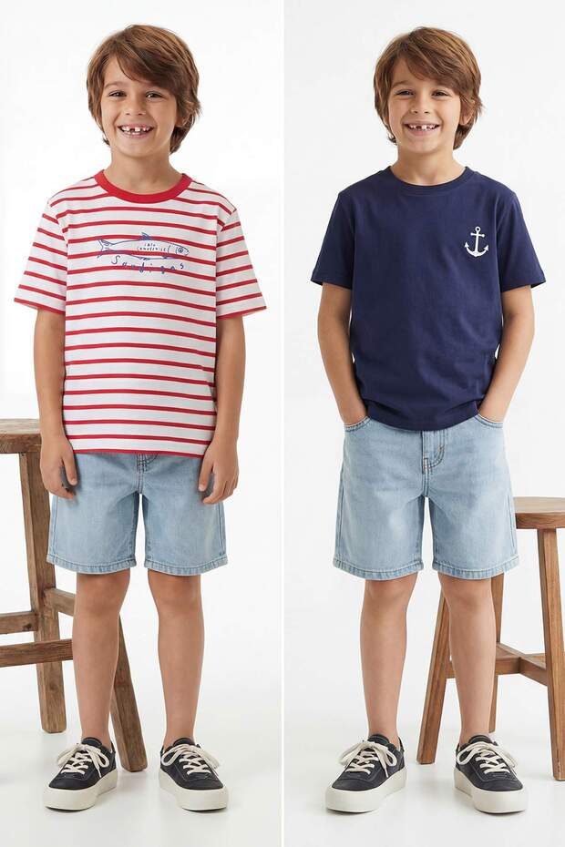 Kırmızı-Lacivert 2'li Erkek Çocuk Baskılı 23 Nisan Örme T-Shirt TKDSS26TS00038 - 1